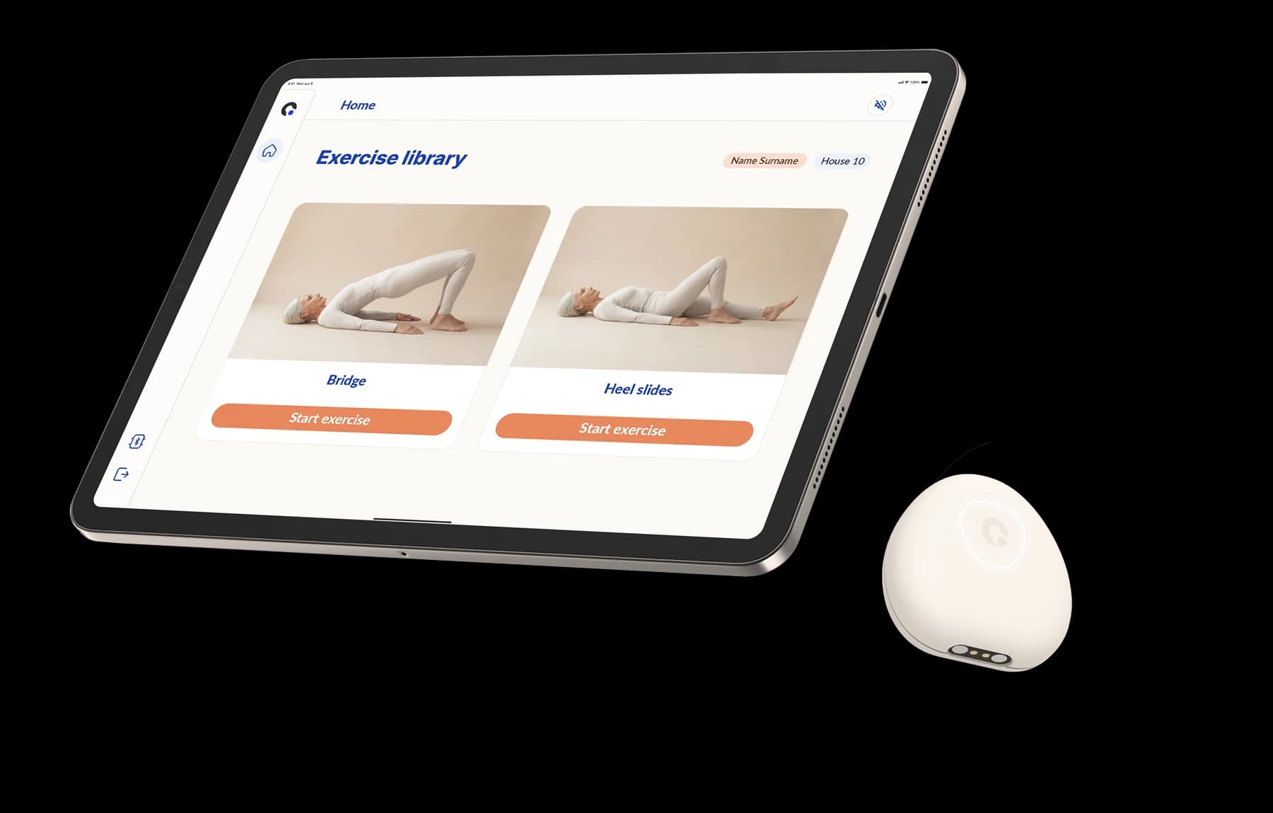 Tablet showing the Beyond Motion exercise library next to the cream-coloured sensor — the setup for rehab at home.