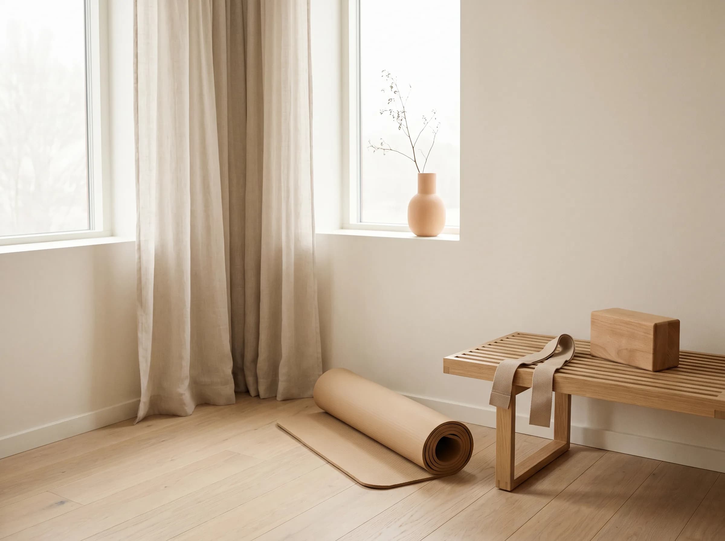 Ruhige Reha-Ecke daheim: gerollte Yogamatte auf hellem Eichenboden, niedrige Holzbank, Therapieblock, weiches Fensterlicht.