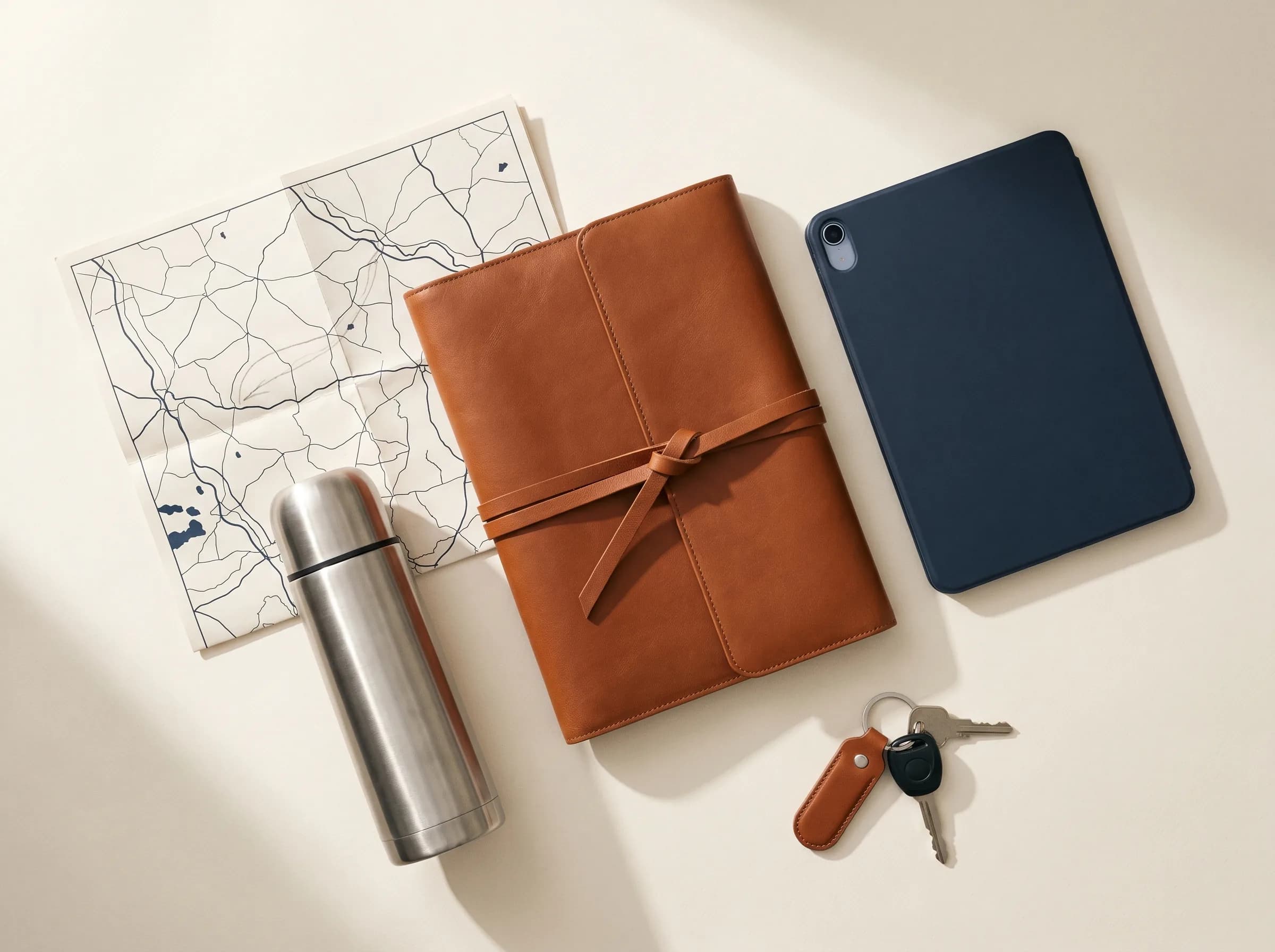Flat-Lay einer mobilen Pflegekraft: Lederportfolio, Tablet, Thermoskanne, Schlüssel und Karte mit Routenmarkierung auf hellem Untergrund.