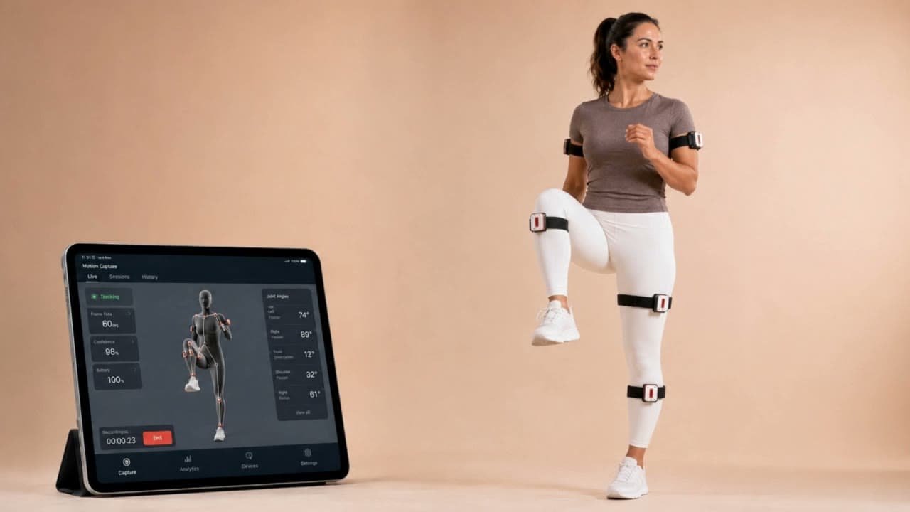 Person im Single-Leg Stance mit angehobenem Knie und Beyond-Motion-Sensoren; iPad daneben zeigt Live-Skelett und Gelenkwinkel.