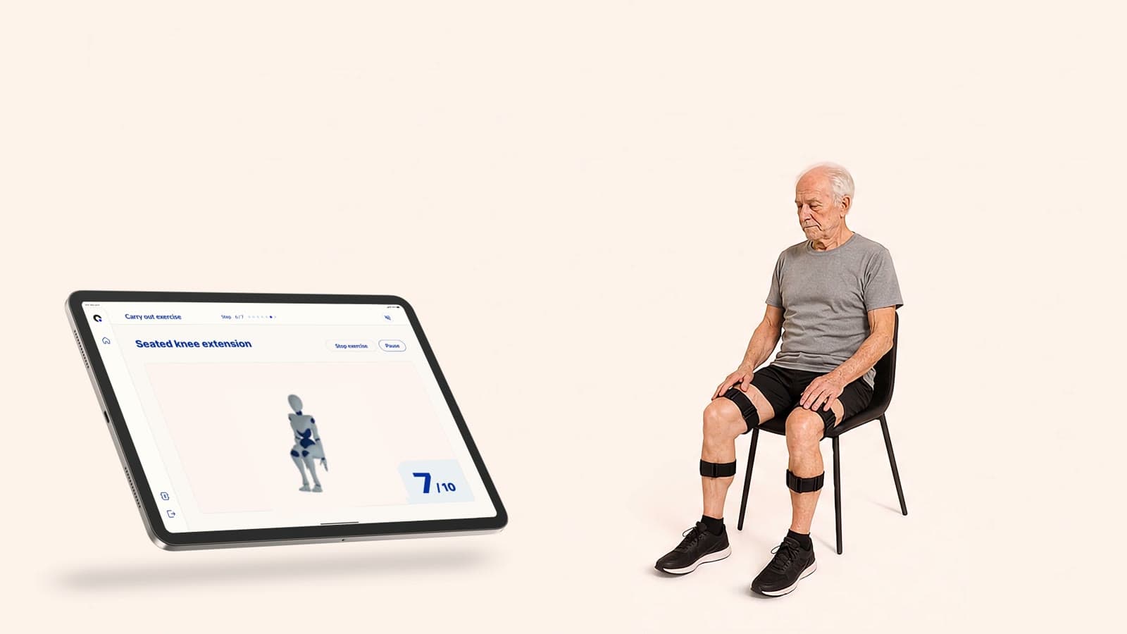 Older man extending his knee while seated, Beyond Motion sensors on thigh and lower leg; a tablet beside him shows the exercise live in the app and counts repetitions.