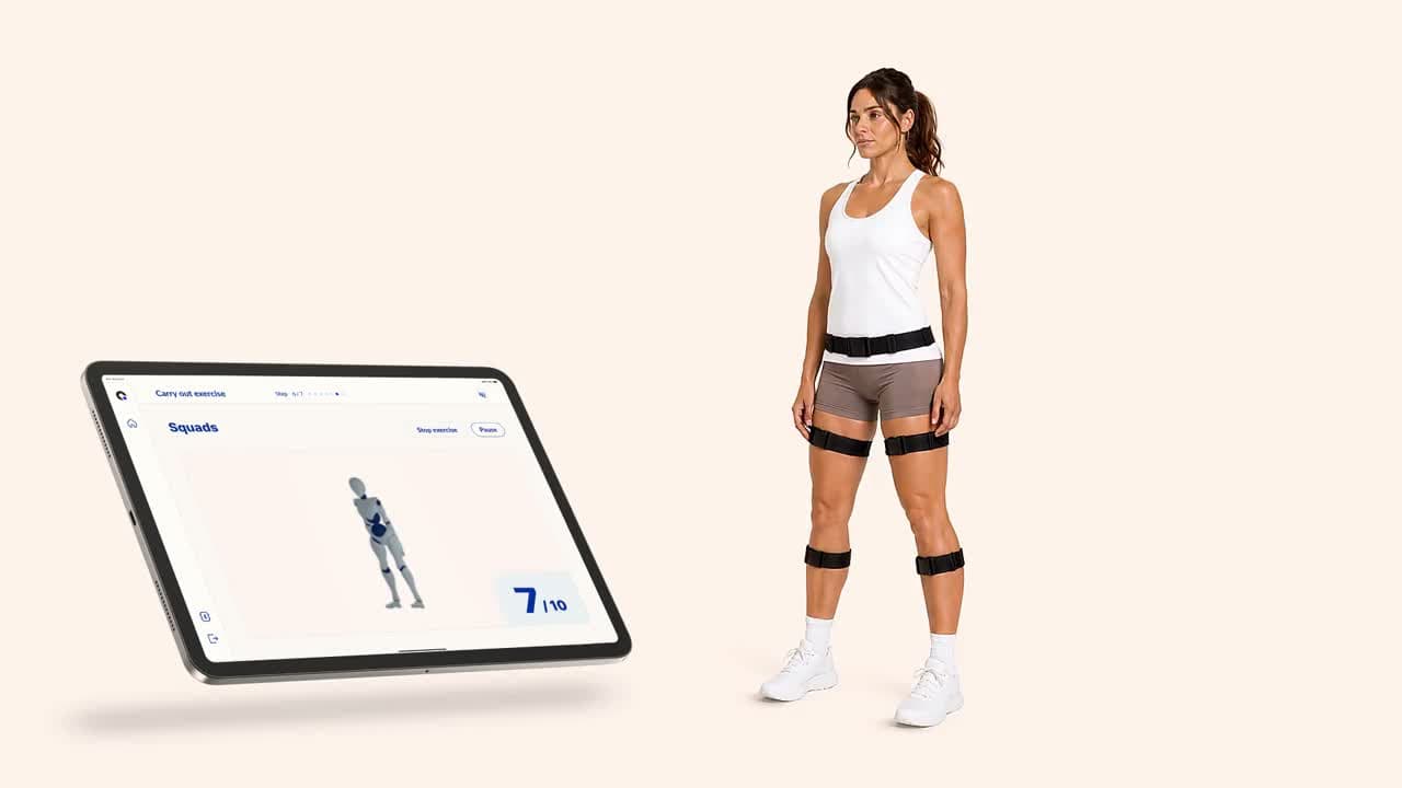 Woman in a squat wearing Beyond Motion sensors on both thighs; a tablet beside her shows the exercise live in the app and counts repetitions.