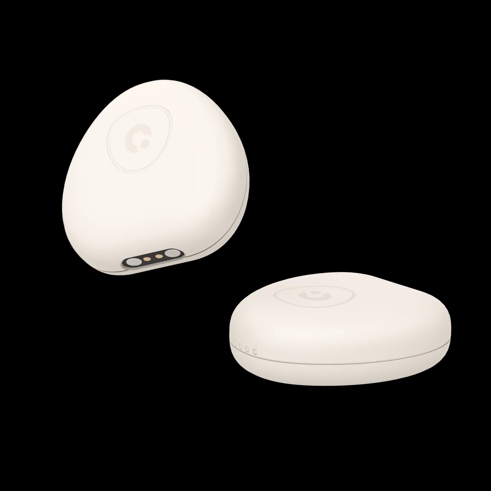 Pair of Beyond Motion sensors in a product render: two cream-coloured, pebble-shaped wearables — front with the embossed logo, back with magnetic charging contacts.