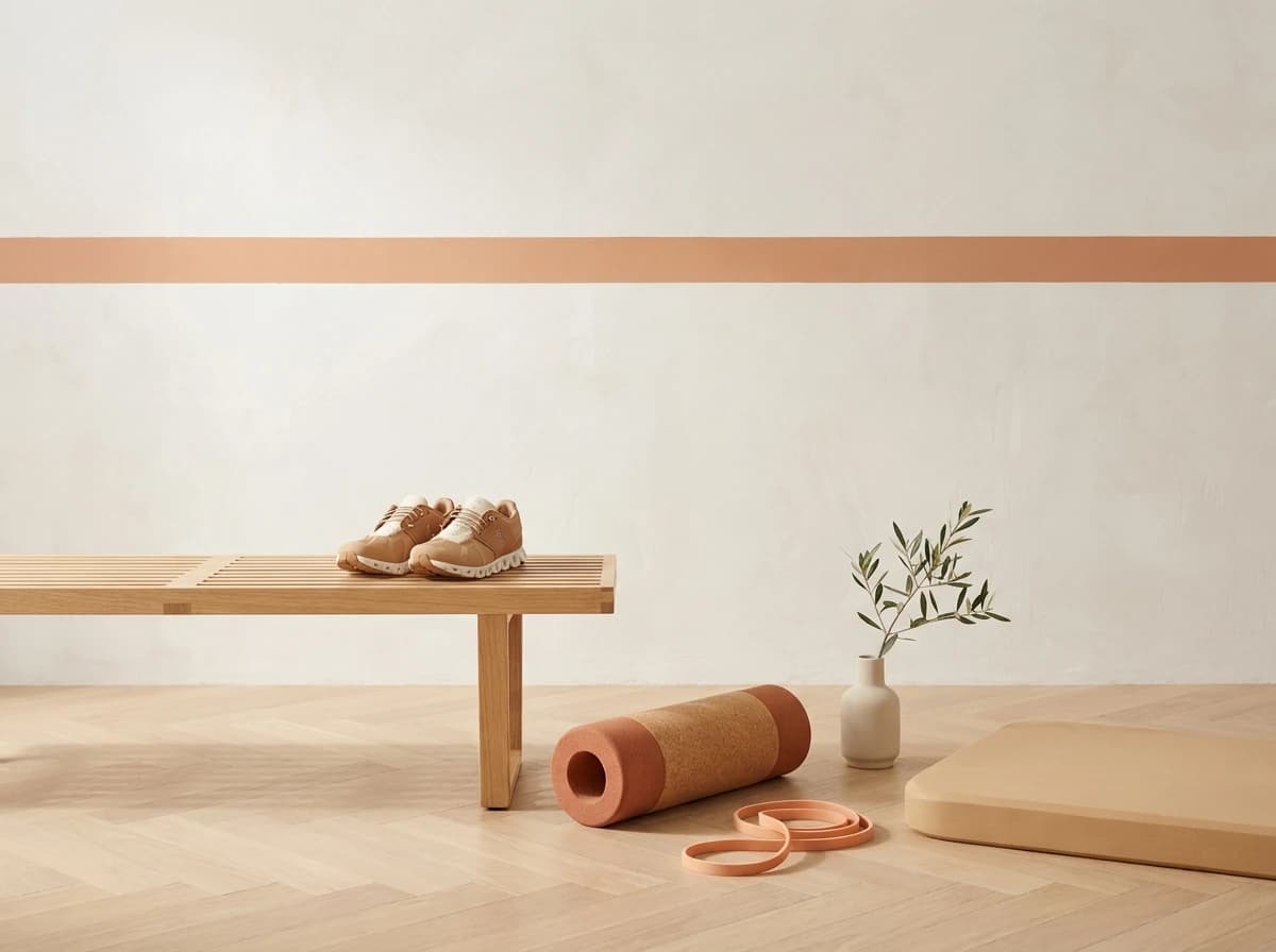 Warm sport-recovery still life: light running shoes on an oak bench, a foam roller and resistance band in peach tones, an olive branch in light ceramic.