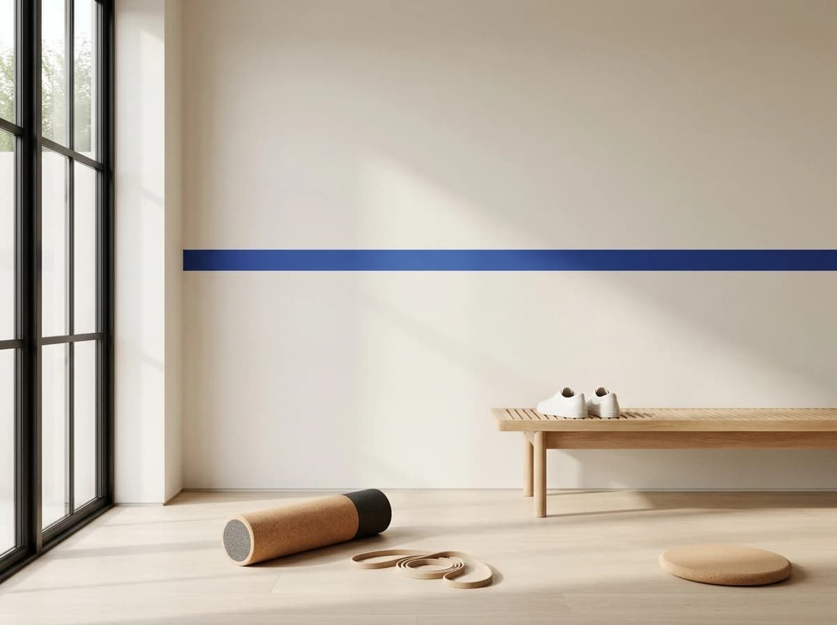 Calm sport-rehab corner: white court shoes on a light oak bench, a foam roller and a resistance band on the floor, a thin blue accent stripe on the wall.