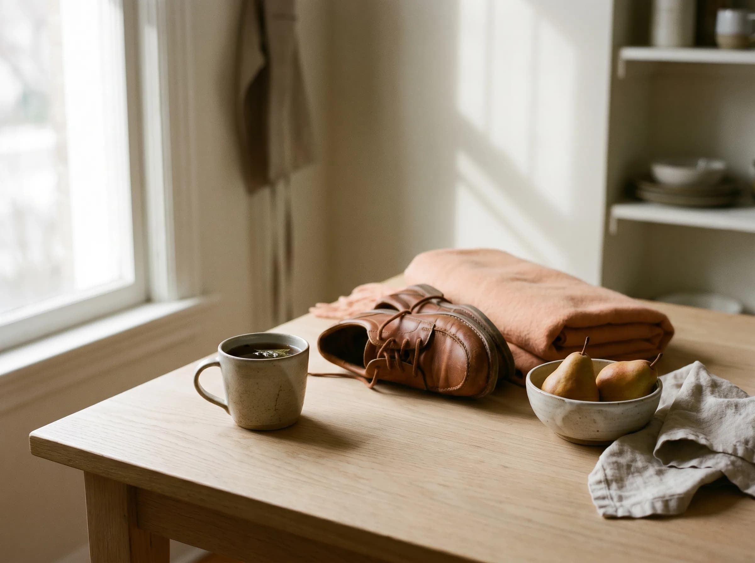 Morgenstillleben auf einem Eichentisch: Tasse Kräutertee, gefaltete Lederschuhe, Wollschal in warmem Pfirsich, Schale mit Birnen.