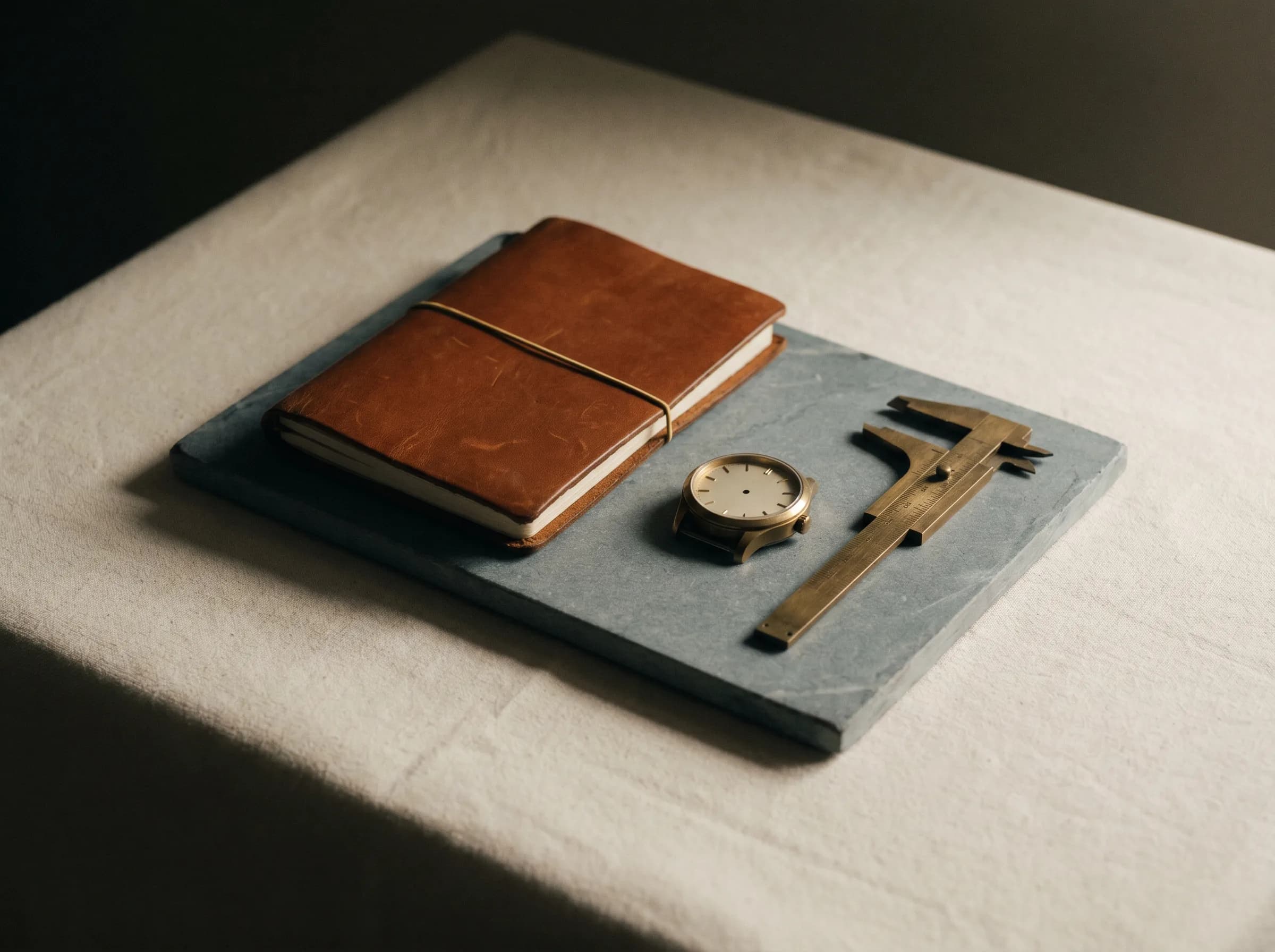 Diskretes Stillleben: Lederbuch und mechanische Uhr auf einer Schieferplatte, daneben eine Messingschieblehre, tiefes warmes Off-White.